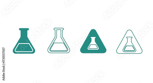 Four different illustrations of a laboratory flask, including a warning icon.