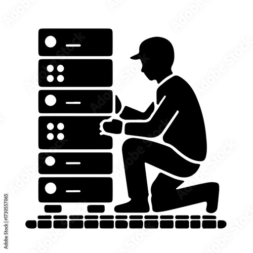 Technician Kneeling Beside Server Rack Icon Minimalist Black Vector