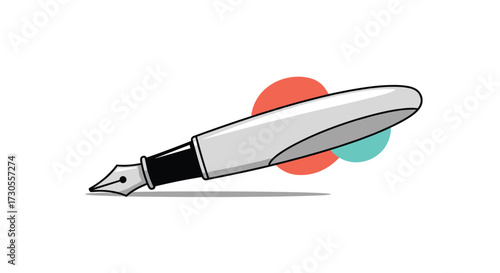 A simple illustration of a silver fountain pen with red and turquoise circles in the background.