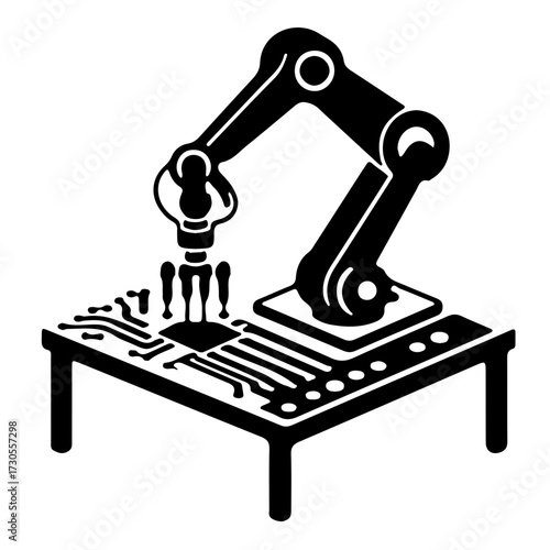 Robotic Arm Assembling Circuit Board Icon Minimalist Black Vector