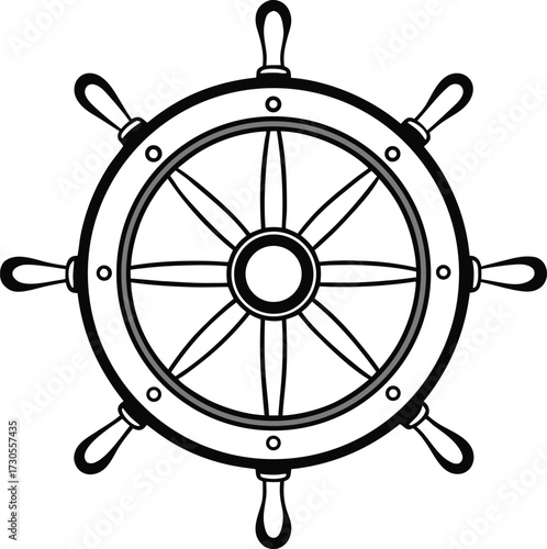 Black and white minimalist ship steering wheel line drawing nautical marine vector illustration EPS file download.
