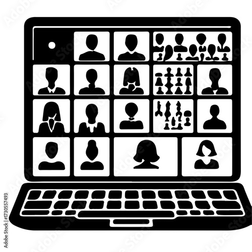 Laptop Showing Video Conference Grid Icon Minimalist Black Vector