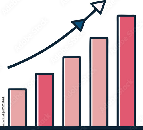 Pink bar chart with upward trending arrow and dark outline graph growth vector illustration EPS file download.
