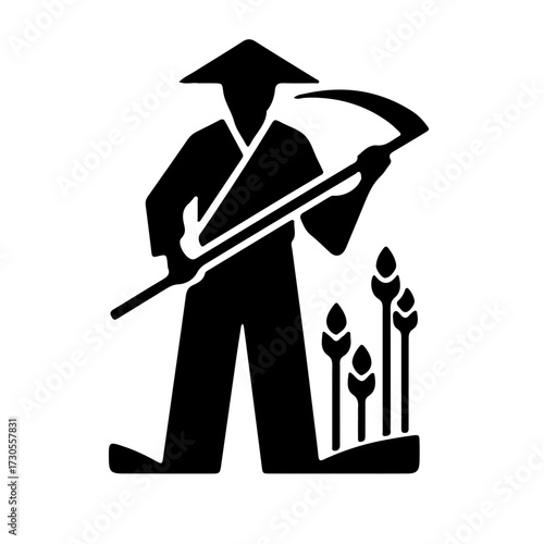 Farmer Harvesting Wheat with Sickle Icon Minimalist Black Vector