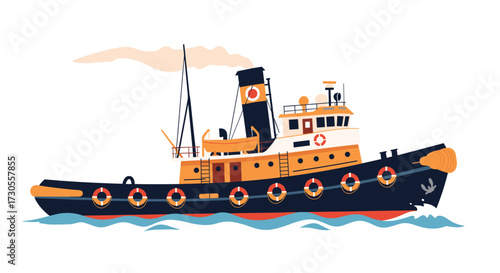 A small yellow tugboat navigates the open waters.