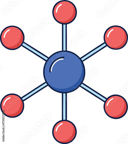 Blue sphere connected to six red spheres by light blue rods molecule science vector illustration EPS file download.

