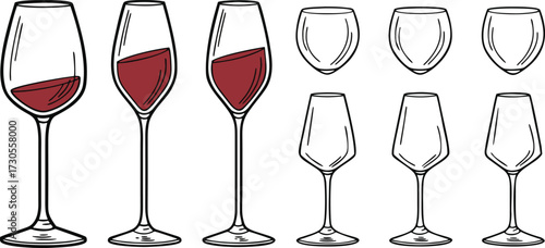 Colorful Wine Glass Vector Set – Red Wine, White Wine, Cocktail, and Party Drink Illustration