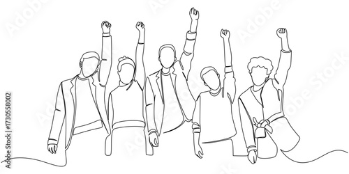 Continuous one line drawing of male and female employees making high five gesture, teamwork and encouragement for work concept, single line art