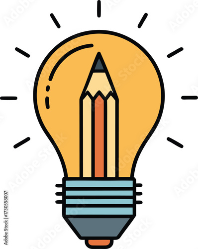 Stylized lightbulb with pencil inside emitting rays idea concept vector illustration EPS file download.
