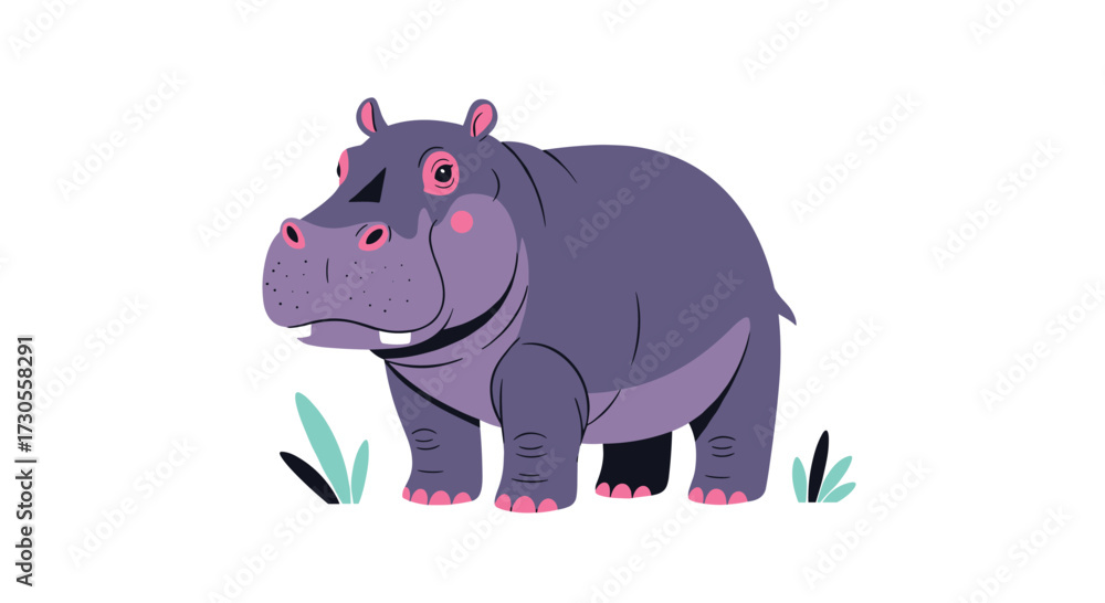 Obraz premium A cute cartoon hippopotamus standing in the grass.