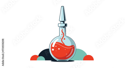 A round bottom flask with red liquid and a dropper top.