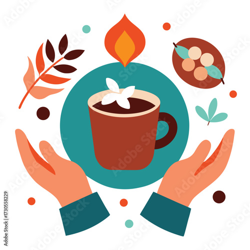 Cozy warm drink in hands with autumn leaves and flame, representing comfort and care