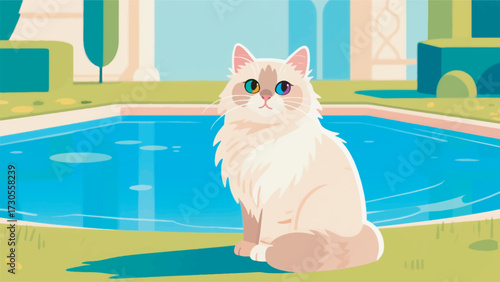 Foto Illustration Of A Fluffy White Turkish Angora Cat With Eyes Sitting Near A Small