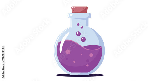A magical potion of vibrant purple liquid bubbles inside a glass bottle.