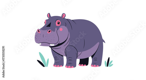 A cute cartoon hippopotamus standing in the grass.