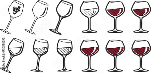 Colorful Wine Glass Vector Set – Red Wine, White Wine, Cocktail, and Party Drink Illustration
