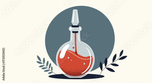 An alchemist's round bottom flask filled with red liquid and a pipette inserted. A circle and leaves in the background.