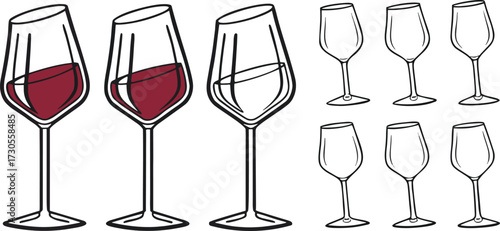 Colorful Wine Glass Vector Set – Red Wine, White Wine, Cocktail, and Party Drink Illustration