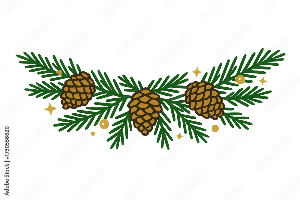 Fototapeta premium Pine branches and pinecones creating christmas holiday garland decoration, transparent background
