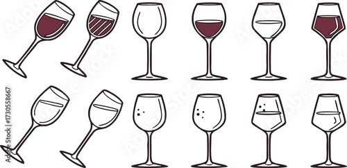 Colorful Wine Glass Vector Set – Red Wine, White Wine, Cocktail, and Party Drink Illustration