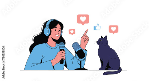 A content creator records audio with her cat nearby.