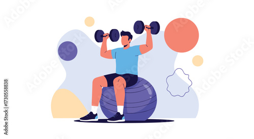 Man lifting weights on stability ball.