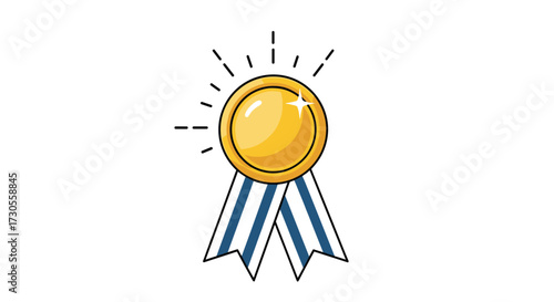 A shiny gold medal with blue and white ribbons hangs proudly.