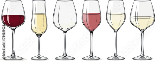 Colorful Wine Glass Vector Set – Red Wine, White Wine, Cocktail, and Party Drink Illustration