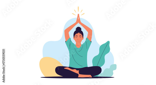 A woman meditating peacefully in a calm natural environment with plants.