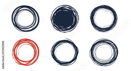 Six hand drawn circles with sketchy textures in different colors.