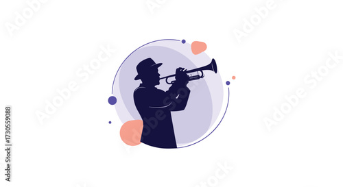 A silhouette of a man playing a trumpet in a hat.