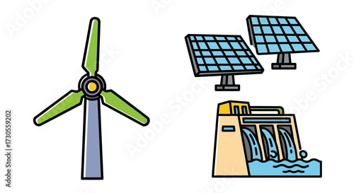 Wind Turbine, Solar Panels, and Hydroelectric Dam - Renewable Energy Sources.