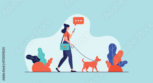A woman walks her dog while looking at her phone.