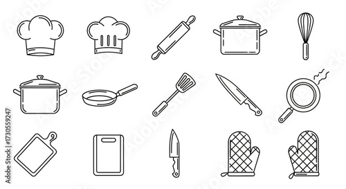 A collection of hand-drawn kitchen and cooking equipment icons in a black and white sketchy, doodle line art style.