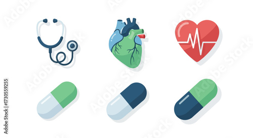 A collection of six flat medical and healthcare icons - stethoscope, anatomical heart, cardiogram, and pills.