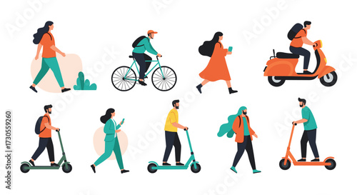 A group of people using various modes of personal transportation.