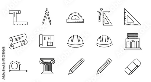 A collection of minimalist black line art icons representing architecture, drafting, and construction tools.