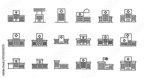 A collection of minimalist hospital and clinic building icons in a black and white line art style, featuring the medical cross symbol.