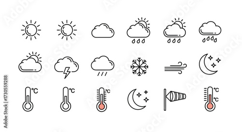 A collection of weather forecast icons in a minimalist thin line art style, depicting sun, clouds, rain, snow, and temperature.