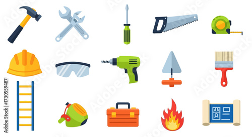 Assorted Construction Tools - Hammer, Wrench, Screwdriver, Saw, Tape Measure, and More.