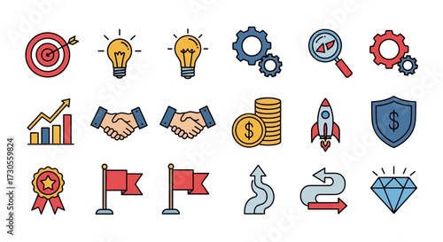 Collection of Business and Startup Concept Icons with Vibrant Colors.