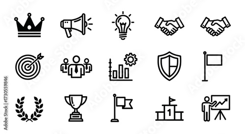 Collection of Business and Success Related Line Art Icons.