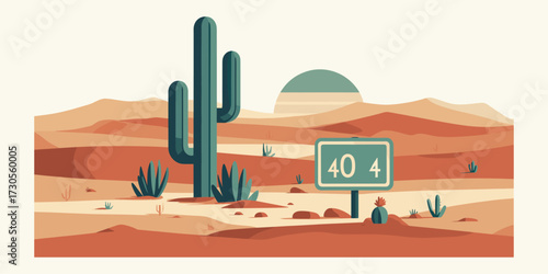 A vibrant vector illustration of a 404 error page concept, featuring a lost sign in a vast desert landscape with a saguaro cactus