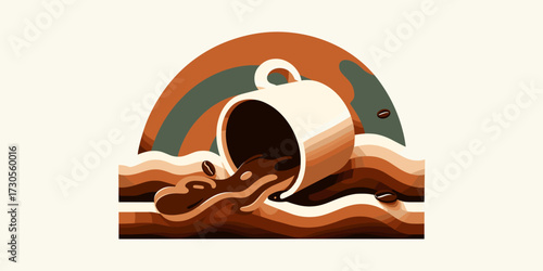 An illustration of a coffee cup spilling its rich brown contents in dynamic, wavy patterns, with scattered coffee beans, evoking a warm and energetic beverage concept