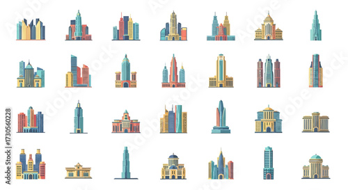 Collection of Colorful Vector Illustrations of Various Modern City Buildings.