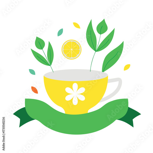 Yellow teacup with lemon slice and green leaves