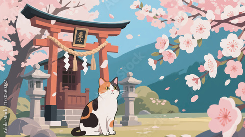 Illustration Of A Cat Sitting Near A Shinto Shrine With Cherry Blossoms In Bloom Vector Design Template
