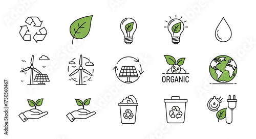 Collection of Eco-Friendly and Sustainable Energy Icons.