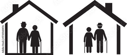 Elderly couple silhouettes inside houses silhouette