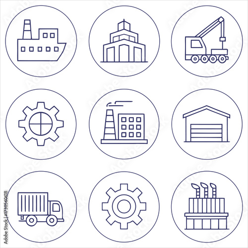 Industrial icons ship building crane gear factory truck vector